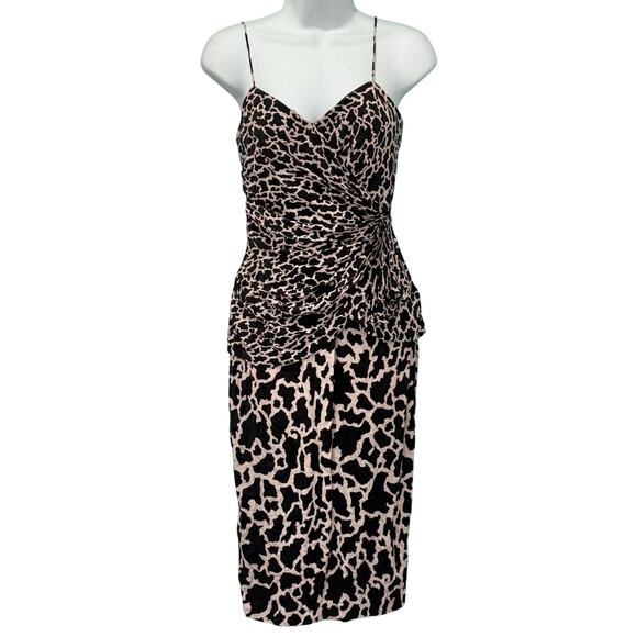 Vintage 80s Pink Black Leopard Ruched Peplum Sleeveless Silk Mini Dress size 4 - Picture 2 of 13